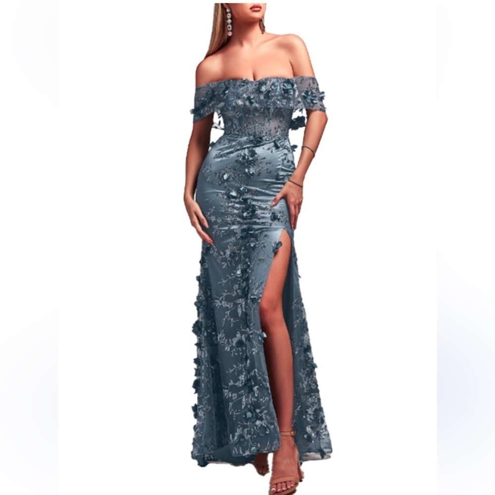 NEW! CINDERELLA DIVINE La Divine Floral
Corset Bodice Evening Gown Blue SZ 8 NWT